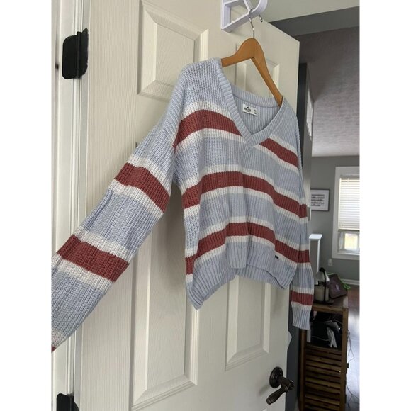 Hollister Striped Knit Sweater Women’s XXS V-Neck Cropped Pullover Blue Red Whit - Picture 2 of 6